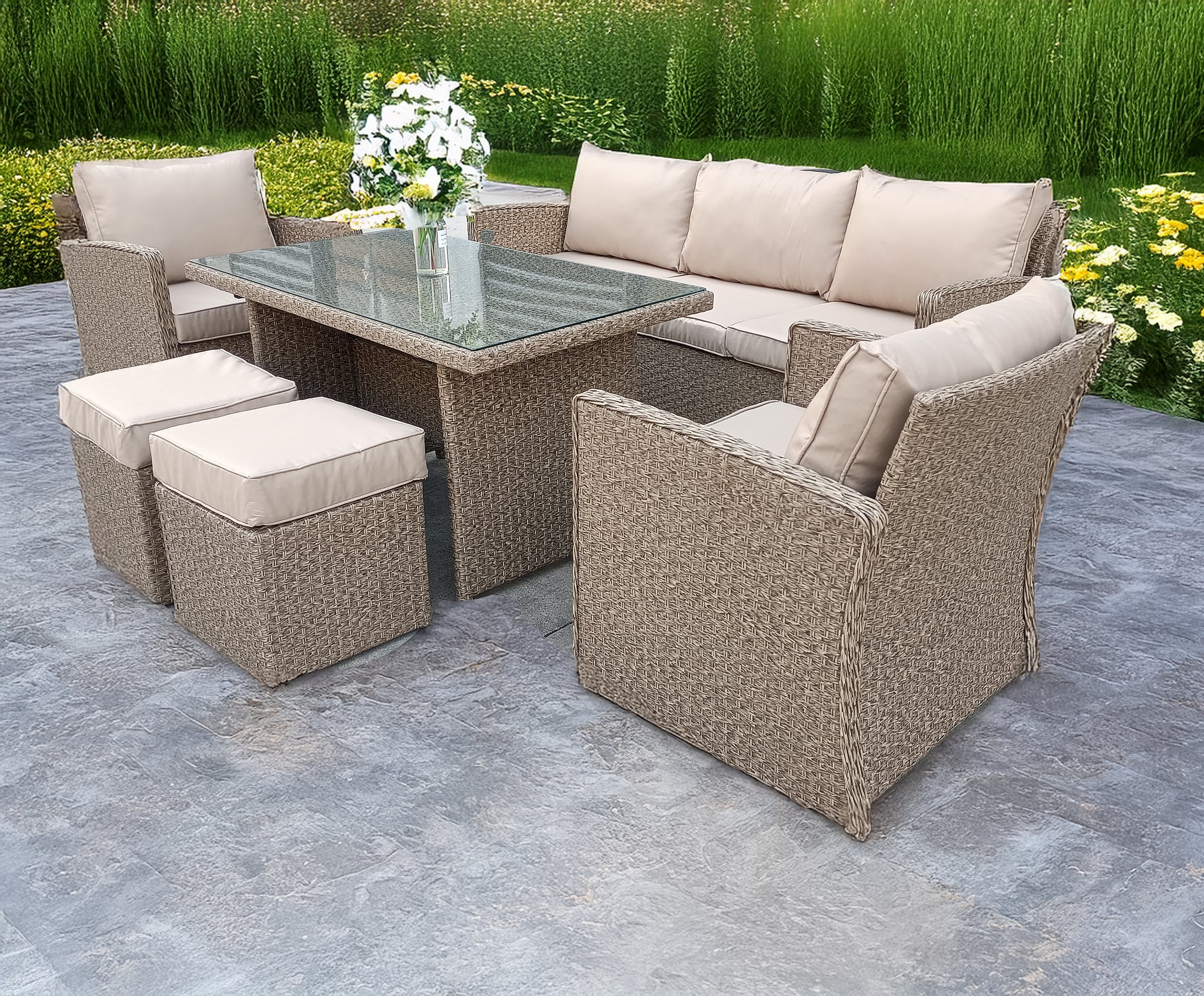 RATTAN WICKER CONSERVATORY OUTDOOR GARDEN FURNITURE PE DINING SET CORNER SOFA TABLE