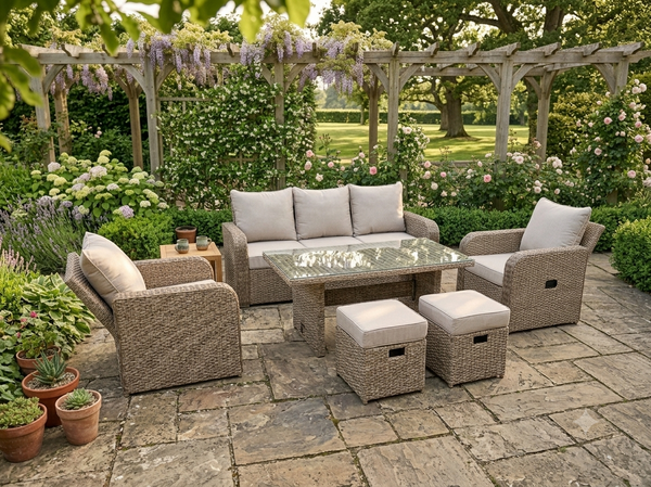 BEIGE NATURAL RECLINER RATTAN WICKER CONSERVATORY OUTDOOR GARDEN DINING FURNITURE SET
