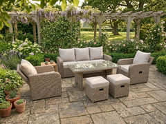 BEIGE NATURAL RECLINER RATTAN WICKER CONSERVATORY OUTDOOR GARDEN DINING FURNITURE SET