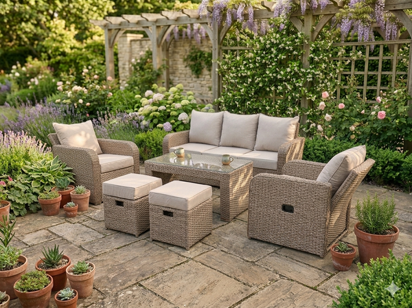 BEIGE NATURAL RECLINER RATTAN WICKER CONSERVATORY OUTDOOR GARDEN FURNITURE SET