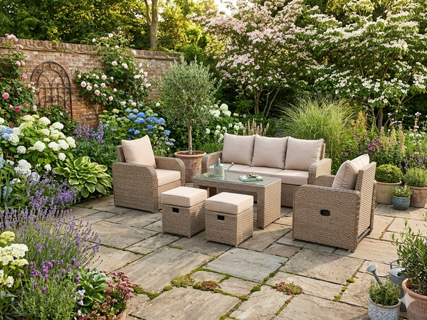 BEIGE NATURAL RECLINER RATTAN WICKER CONSERVATORY OUTDOOR GARDEN DINING FURNITURE SET