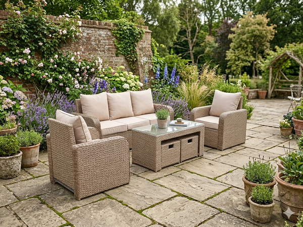 BEIGE NATURAL RECLINER RATTAN WICKER CONSERVATORY OUTDOOR GARDEN FURNITURE SET