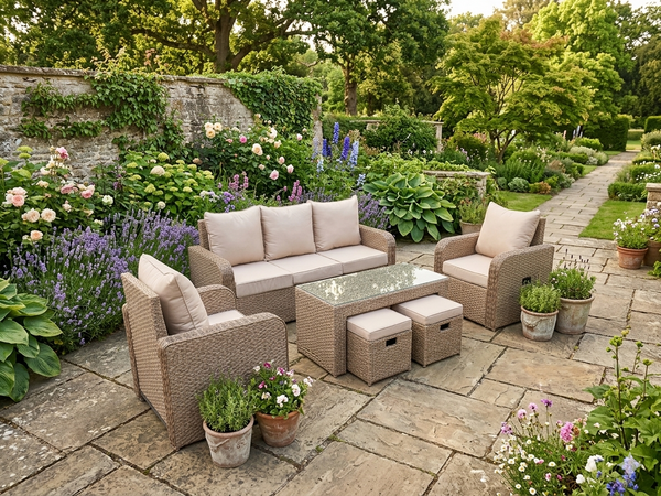 BEIGE NATURAL RECLINER RATTAN WICKER CONSERVATORY OUTDOOR GARDEN FURNITURE SET