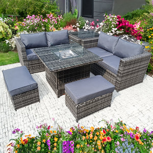 RATTAN FIRE PIT TABLE GREY WICKER CONSERVATORY OUTDOOR GARDEN FURNITURE CORNER DINING