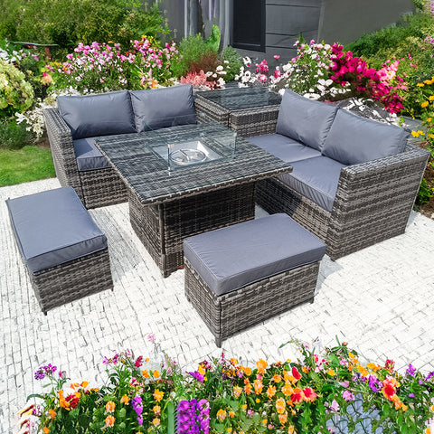 RATTAN FIRE PIT TABLE GREY WICKER CONSERVATORY OUTDOOR GARDEN FURNITURE CORNER DINING