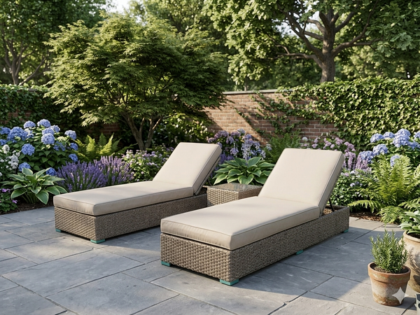 SUN LOUNGER BED RATTAN RECLINER BEIGE WICKER GARDEN OUTDOOR GREY TABLE FURNITURE PATIO