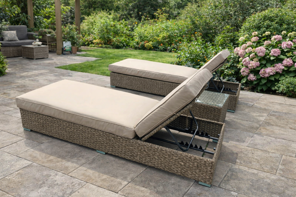 SUN LOUNGER BED RATTAN RECLINER BEIGE WICKER GARDEN OUTDOOR GREY TABLE FURNITURE PATIO
