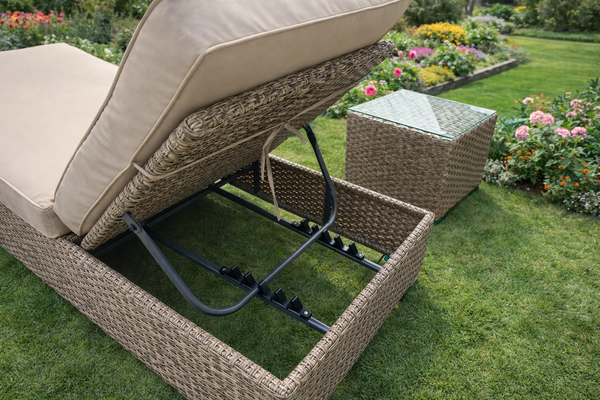 SUN LOUNGER BED RATTAN RECLINER BEIGE WICKER GARDEN OUTDOOR GREY TABLE FURNITURE PATIO