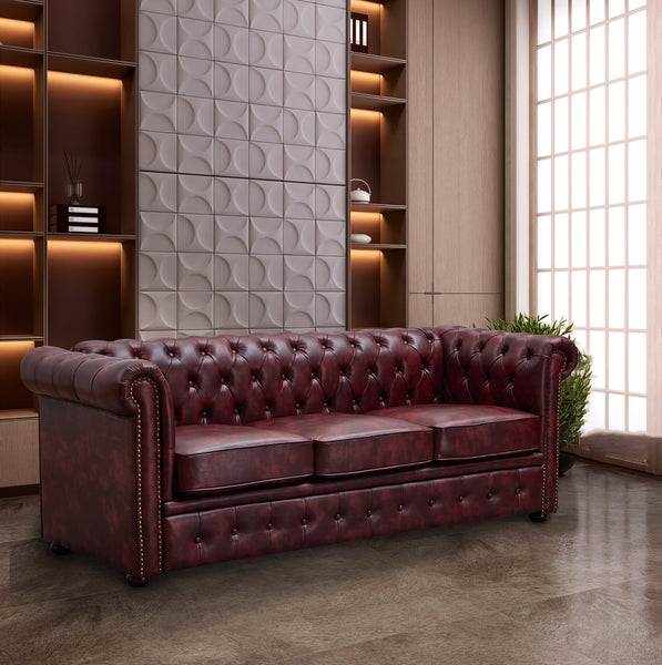 CHESTERFIELD OX RED FAUX LEATHER SOFA SET SUITES SETTEE 3 2 1 SEATER
