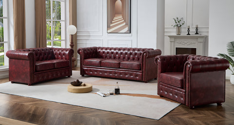 CHESTERFIELD OX RED FAUX LEATHER SOFA SET SUITES SETTEE 3 2 1 SEATER