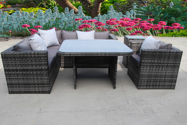 NEW RATTAN WICKER CONSERVATORY OUTDOOR GARDEN FURNITURE SET CORNER DINING GREY SOFA TABLE