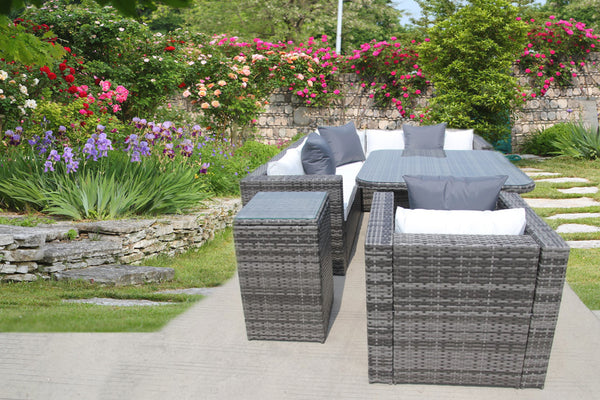 NEW RATTAN WICKER CONSERVATORY OUTDOOR GARDEN FURNITURE SET CORNER DINING GREY SOFA TABLE