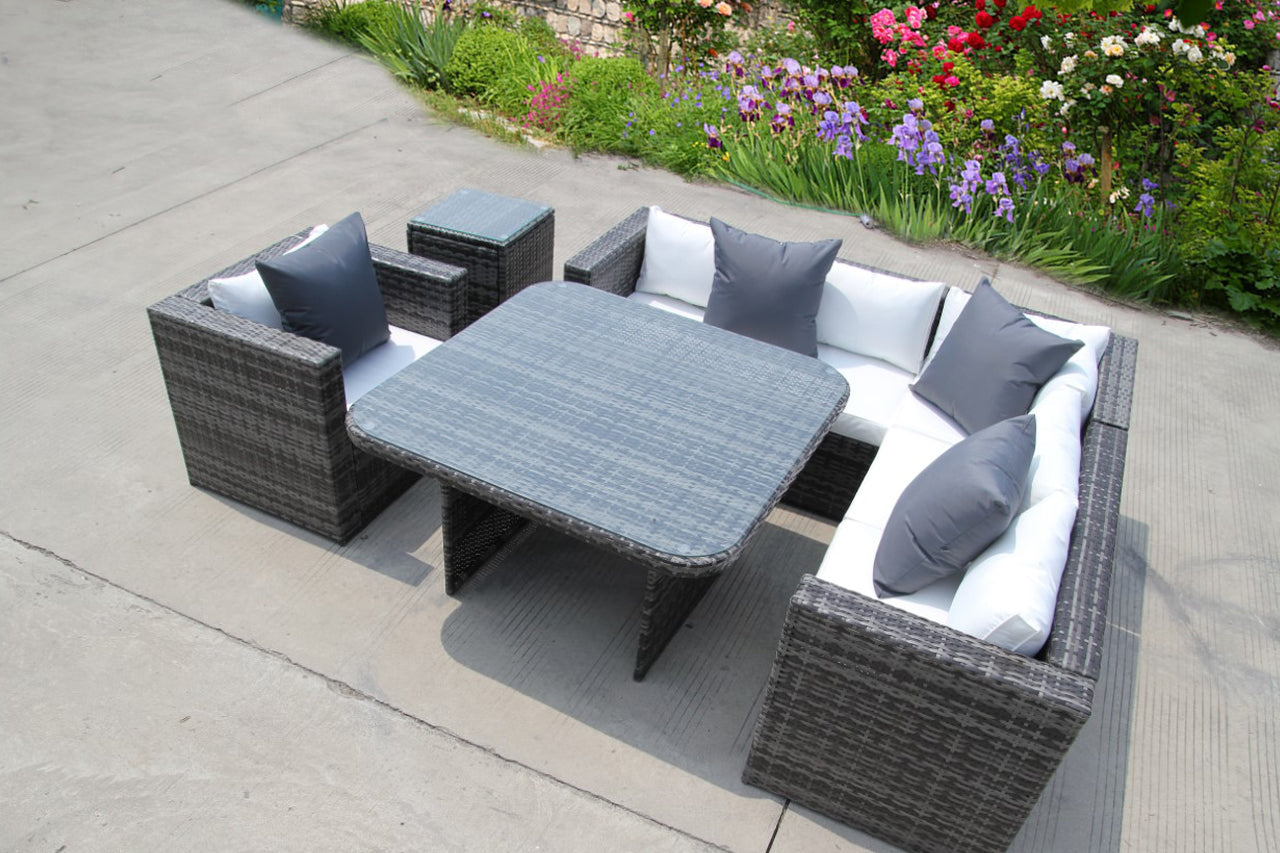 NEW RATTAN WICKER CONSERVATORY OUTDOOR GARDEN FURNITURE SET CORNER DINING GREY SOFA TABLE