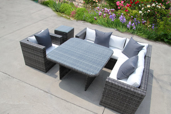 NEW RATTAN WICKER CONSERVATORY OUTDOOR GARDEN FURNITURE SET CORNER DINING GREY SOFA TABLE