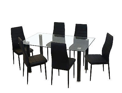 NEW GLASS DINING KITCHEN TABLE SET FAUX LEATHER 4/6 CHAIRS FURNITURE BLACK
