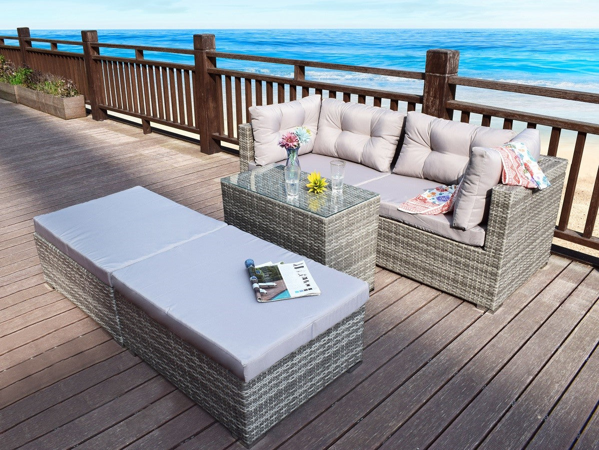 RATTAN GARDEN WICKER OUTDOOR SUN LOUNGER SOFA FURNITURE SET CUBE CORNE