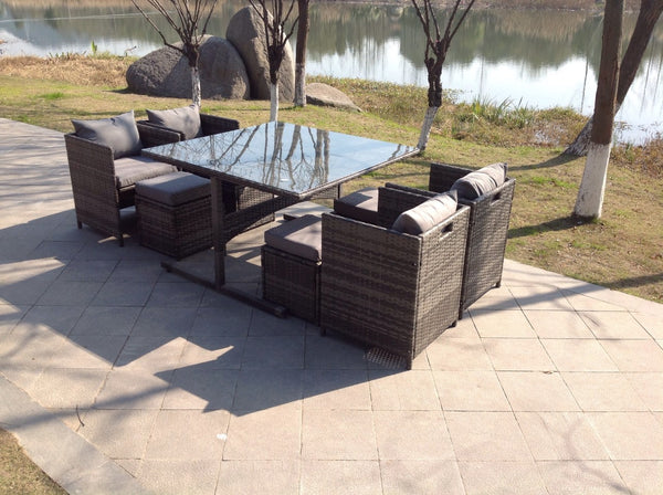 RATTAN WICKER GREY GARDEN OUTDOOR CUBE TABLE AND CHAIRS FURNITURE PATIO SEATER SET