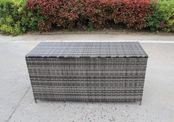 NEW RATTAN PLASTIC GARDEN WICKER STORAGE BOX CUSHIONS WATERPROOF CHEST GREY