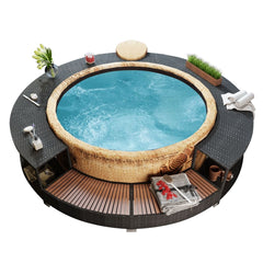 New Black Poly Rattan Spa Surround Hot Tub Chic Modern Tropical Hardwood Outdoor